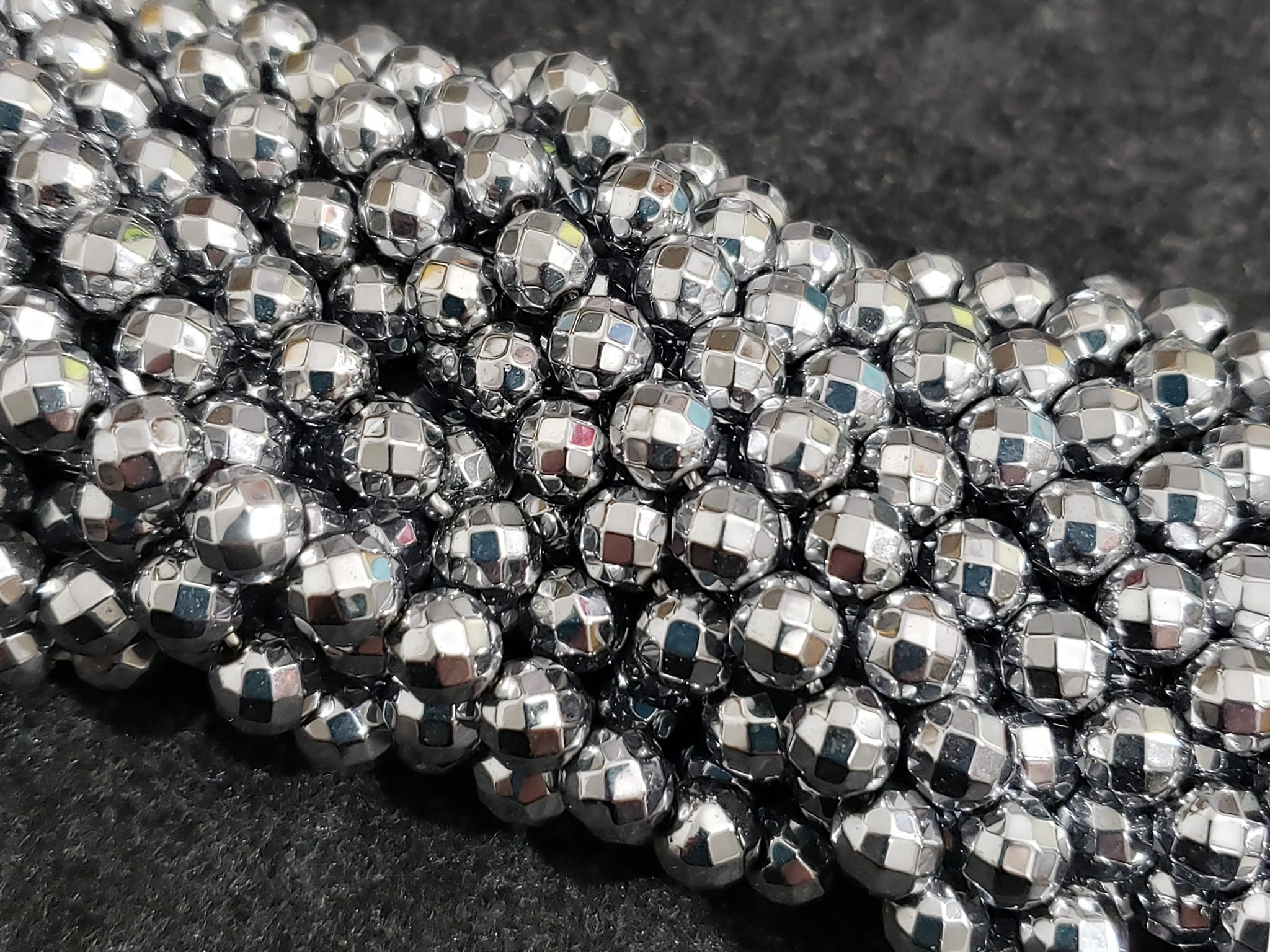 Silver Checkered Cut Hematite - 8mm - 7.5" Strand/Loose