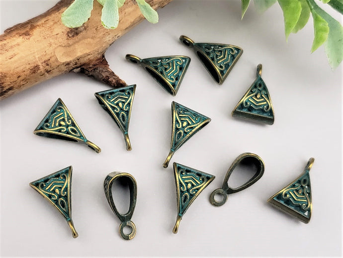 Antique Brass Blue Patina Wash Filigree Bail - Wide Hole - 15x7x2mm -3pcs