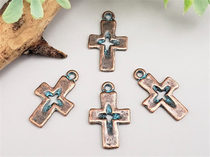 Antique Copper Blue Patina Wash Cross Pendant - 22x15mm - 2pcs