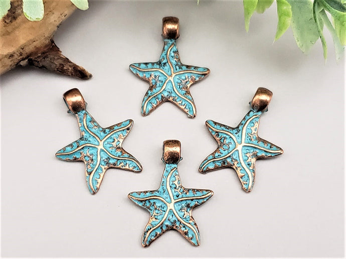 Antique Copper Blue Patina Wash Starfish Pendant - 15mm - 4pcs