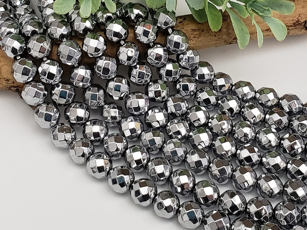Silver Checkered Cut Hematite - 8mm - 7.5" Strand/Loose