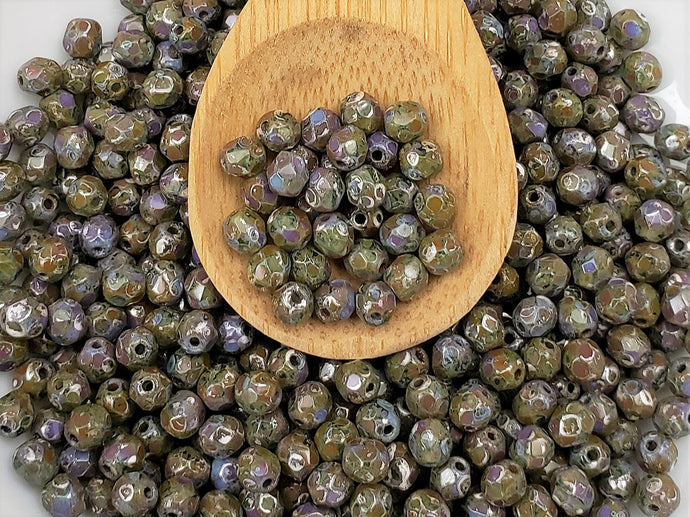 Green Lavender Travertine - 4mm Czech Faceted Fire Polished
