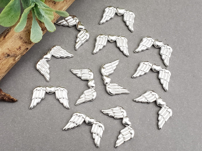 Silver Heart Center Angel Wing Connectors - 15x10mm - 12pcs
