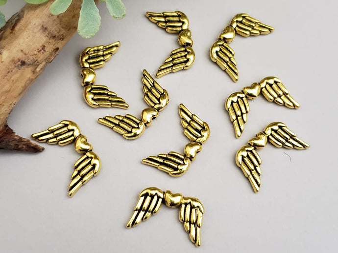 Gold Heart Center Angel Wing Connectors - 15x10mm - 12pcs