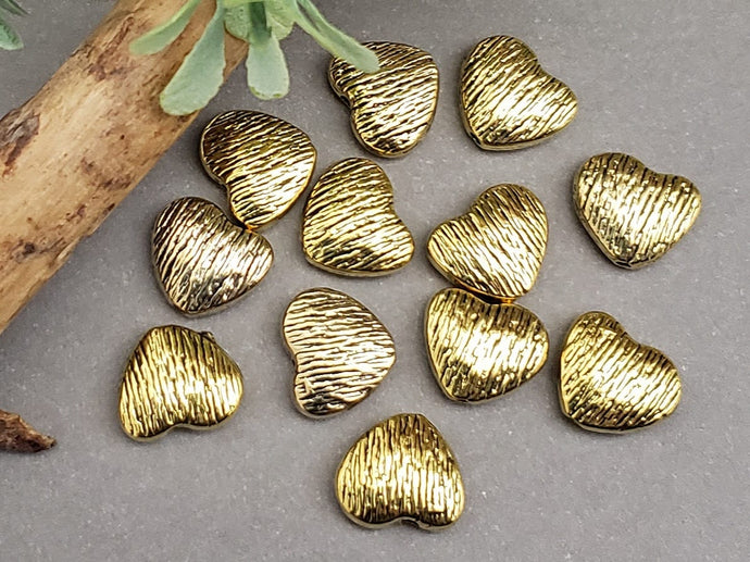 Brushed Tibetan Gold Heart Beads -12mm - 4pcs