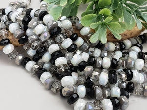 Faceted Black White Grey Crystal Disk Rondelle Mix - 4x8mm - 6" Full Strand