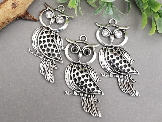Antique Silver Owl Pendant - 50x20mm - 1pc