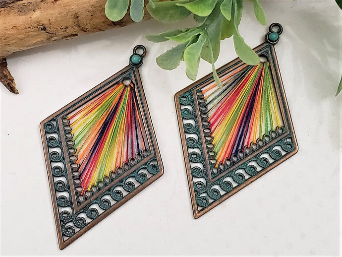 Antique Copper Patina Wash Multi Color Weave Rhombus Component - 60x30mm - 2pcs