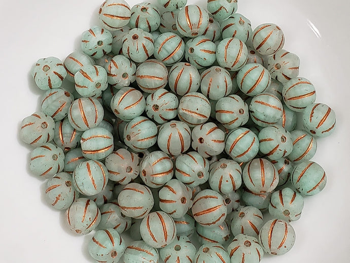 Sea Green Copper Wash Czech Melon Beads  - 8mm - 20pcs