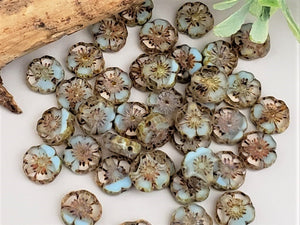 Turquoise Picasso Wash Czech Glass Hibiscus Flower - 8mm - 20pcs