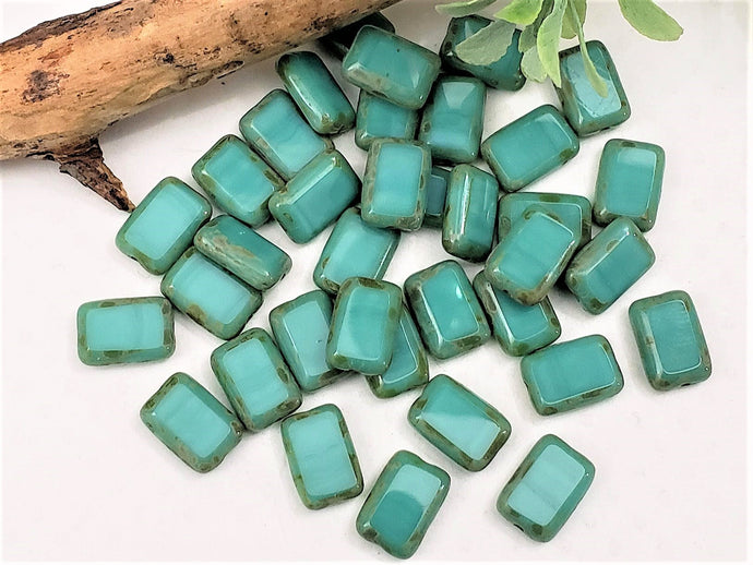 Opaque Turquoise Green Picasso Rectangle Czech Beads  - 12x8mm - 10pcs