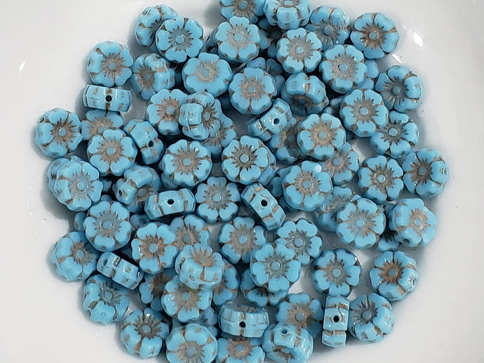 Opaque Blue Silk Czech Hibiscus Flower - 7mm -12pcs