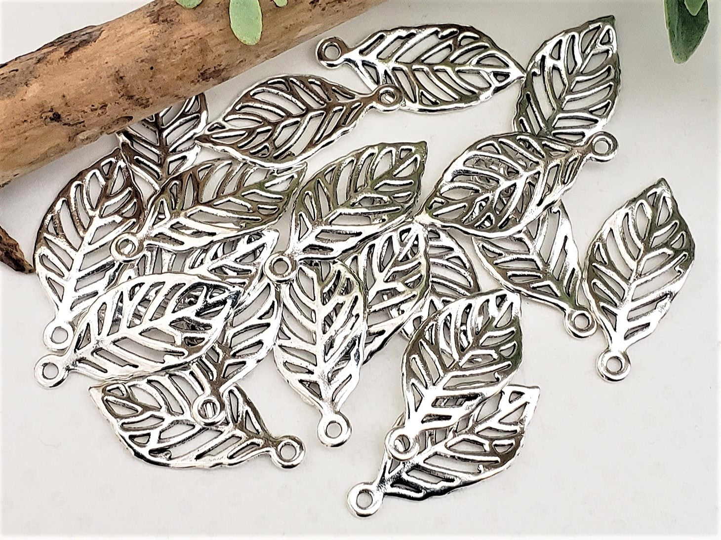 Silver Leaf Charm - 30x14mm - 10pcs
