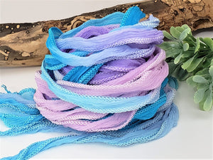 Variegated Mermaid - Hand Dyed Fairy Ribbon - Habotai Silk - Crinkle Ribbon - approx 40"
