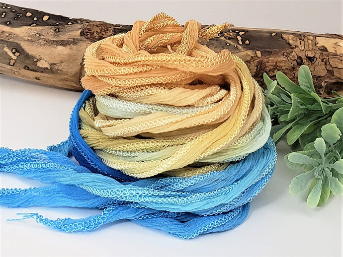 Variegated Sea & Sand - Hand Dyed Fairy Ribbon - Habotai Silk - Crinkle Ribbon - approx 40