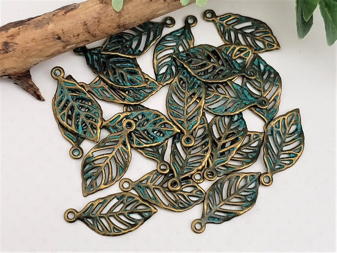 Antique Brass Patina Wash Leaf Charms - 30x14mm - 10pcs