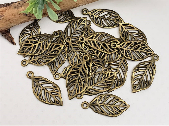 Antique Brass Leaf Charm - 30x14mm - 10pcs