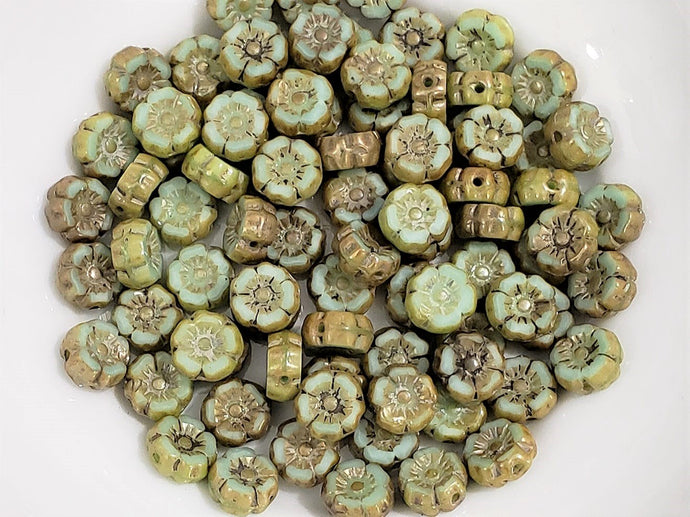 Mint Green Silk Czech Hibiscus Flower - 7mm -12pcs