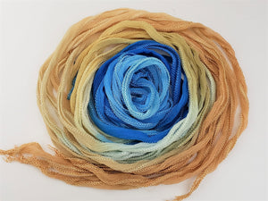 Variegated Sea & Sand - Hand Dyed Fairy Ribbon - Habotai Silk - Crinkle Ribbon - approx 40"