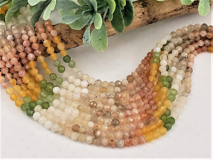 Faceted Moonstone, Sunstone Yellow Jade Green Garnet Mix - 3mm -15” Full Strand