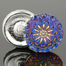 Load image into Gallery viewer, Lacey Blue Purple Iris w/Antique Gold Czech Glass Flower Button - 27mm -1pc
