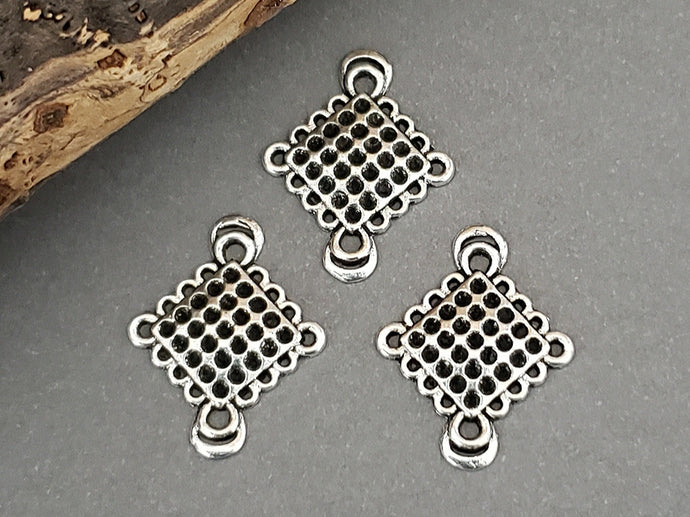 Tibetan Silver Grid Design Drops Connectors - 24x19mm - 4pcs
