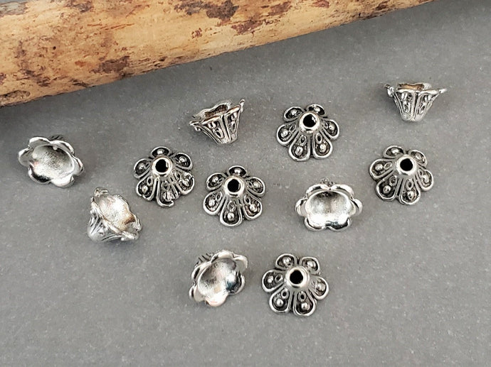 Fancy Tibetan Silver Flower Caps Cones - 8x5mm - 10pcs